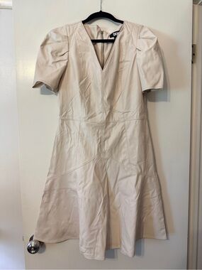 DKNY Cream Faux Leather Midi Dress with Puff Sleeves